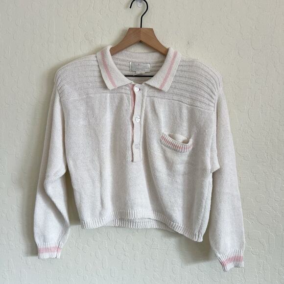 Vintage 90s Junior Connection Pullover Collared Knit Sweater Medium White Pink - Picture 1 of 5